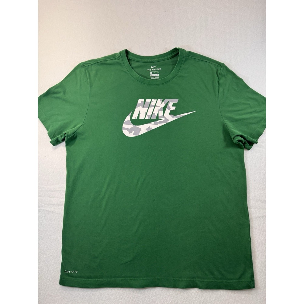 The Nike Tee Shirt Mens XL Green Gray Camo Swoosh Dri-FIT Short Sleeve Casual